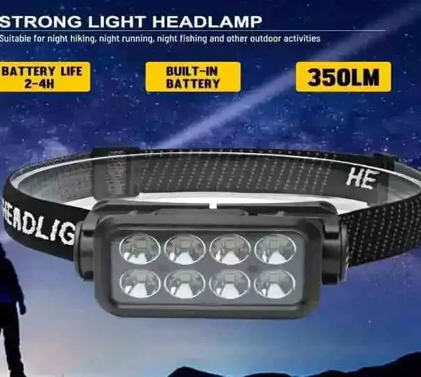 USB naglavna lampa za noćni ribolov, kampiranje, planinarenje – bijelo svjetlo, 350 lumena, s elastičnom trakom za glavu.