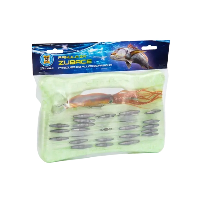 Panula za zubaca s olovnicama, u ambalaži, namijenjena za lov ribe iz plovila u pokretu. Prikazana je panula s čvrstim motavilom, najlonom i raspoređenim olovnicama od 7 g, 10 g i 15 g. Idealna za lov duž obale, oko rtova i otoka, s dubinom lova od 30 do 40 metara."