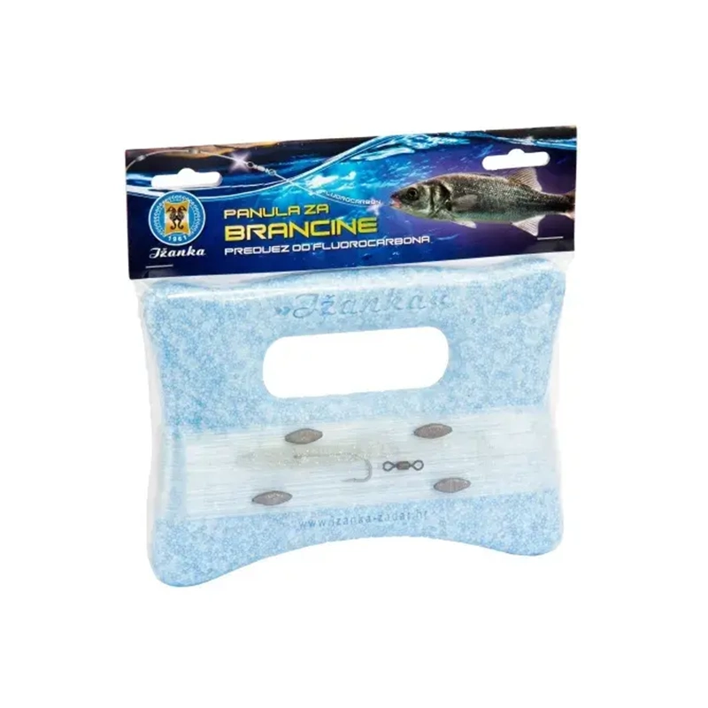 Panula za brancina: Plavo motavilo s ručkom za lakše držanje, opremljeno silikonskom varalicom Raglou, fluorocarbonskom predvezom, najlonom 0,60mm i olovom. Idealno za lov na brancina s broda u pokretu.