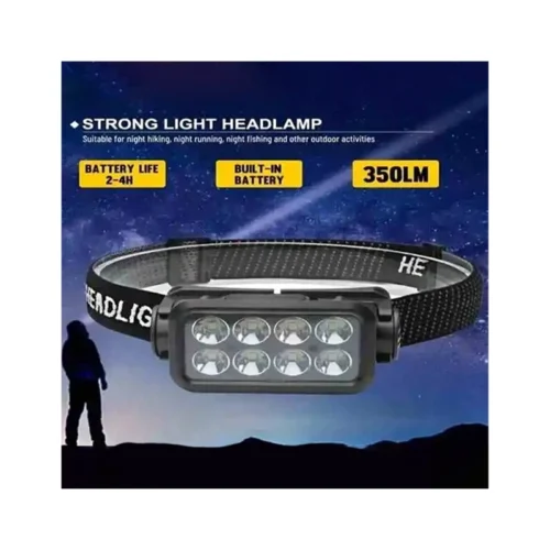 USB naglavna lampa za noćni ribolov, kampiranje, planinarenje – bijelo svjetlo, 350 lumena, s elastičnom trakom za glavu.